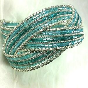 Bracelet Turquoise blue Glass & Silver bulge and seed Bead multiple strand cuff